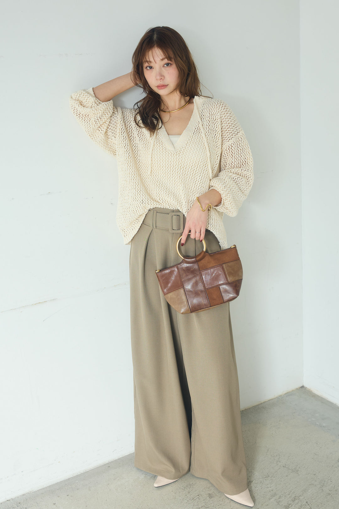 【即納】ミックスメッシュキーネックプルオーバー