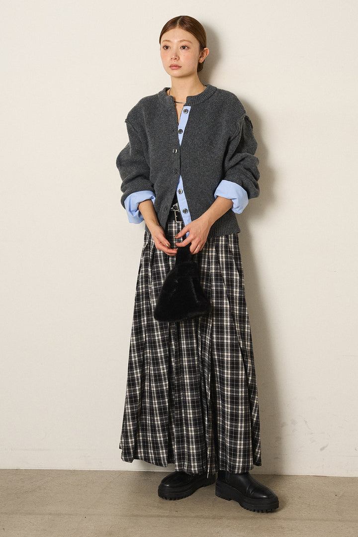 [SET]シャツドッキングニットカーディガン+ベルト付きタータンチェックプリーツスカート(2set)