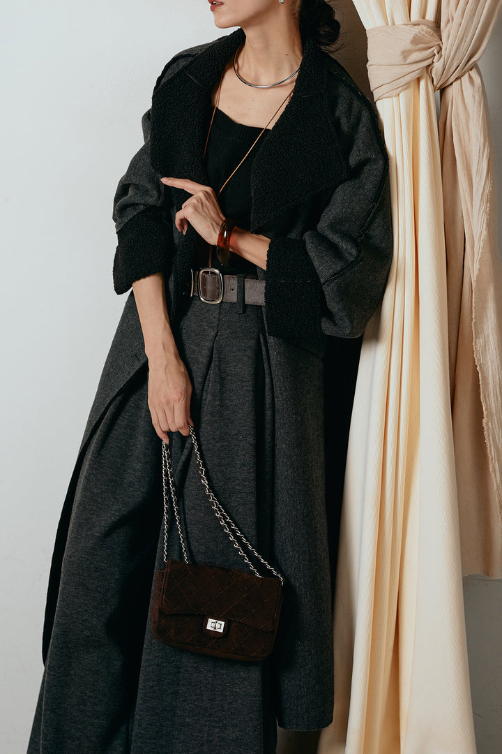 [SET]裏地ボアハイネックロングアウター+フェイクレザー太ベルト付きタックワイドパンツ(2set)