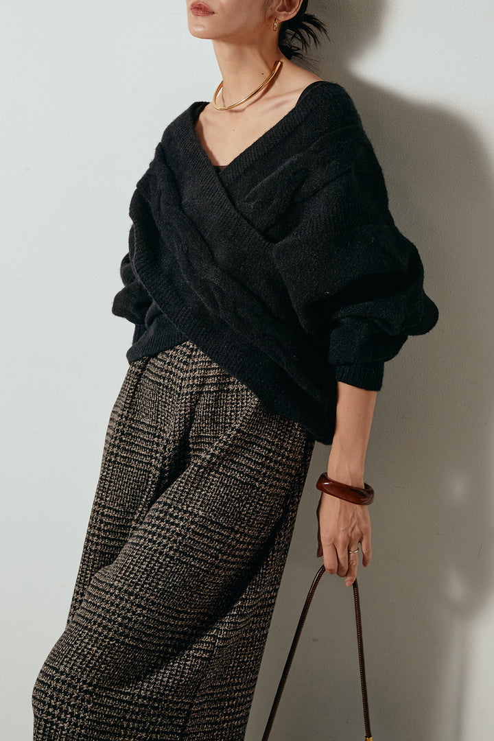 [SET]ケーブルカシュクールニットトップス+前後2wayグレンチェック柄スカーチョサロペット(2set)