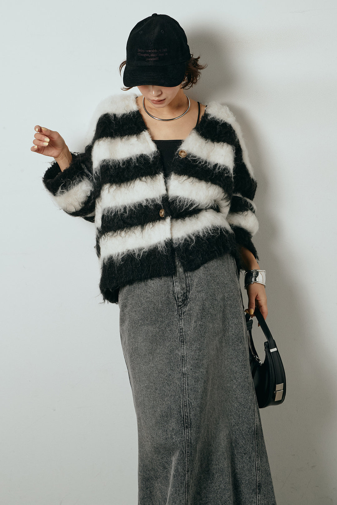 [SET]シャギーボーダー柄ニットカーディガン+デニムロングフレアスカート(2set)