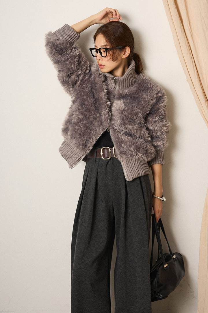 [SET]ハイネックボアブルゾン+フェイクレザー太ベルト付きタックワイドパンツ(2set)