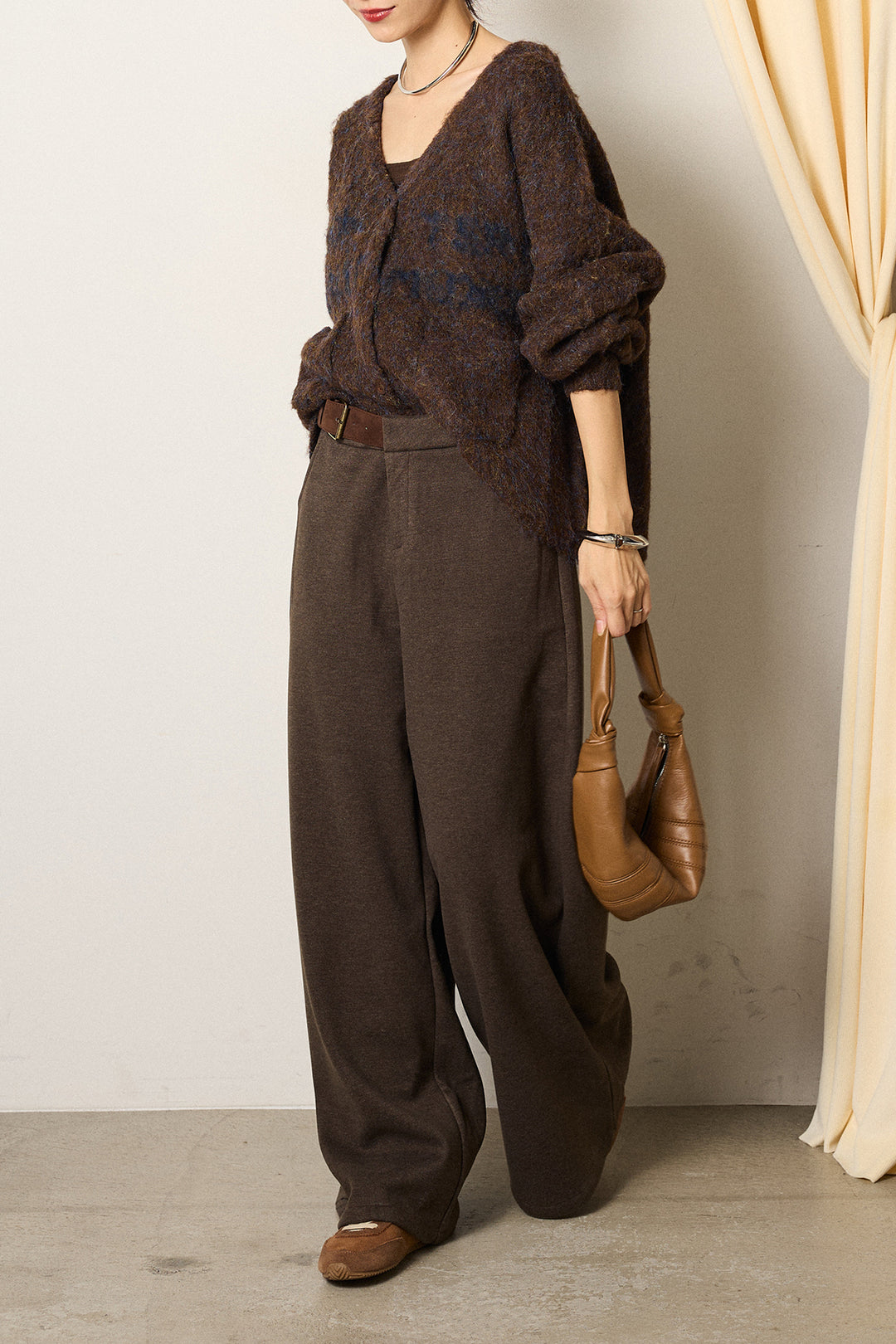 [SET]ウール混透かしロゴニットカーディガン+サイドベルトパンツ(2set)