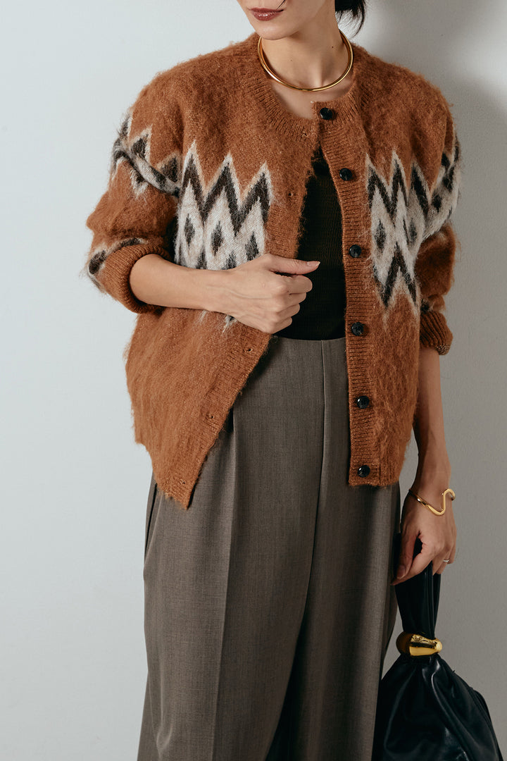 [SET]起毛ノルディック柄ニットカーディガン+ワイドツイルサロペット(2set)