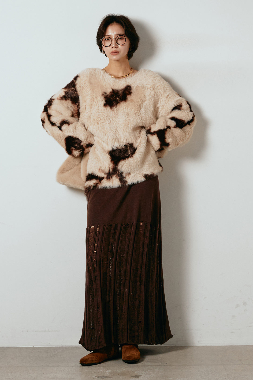 [SET]タイダイ柄シャギーニットトップス+裾シアーリブスカート(2set)