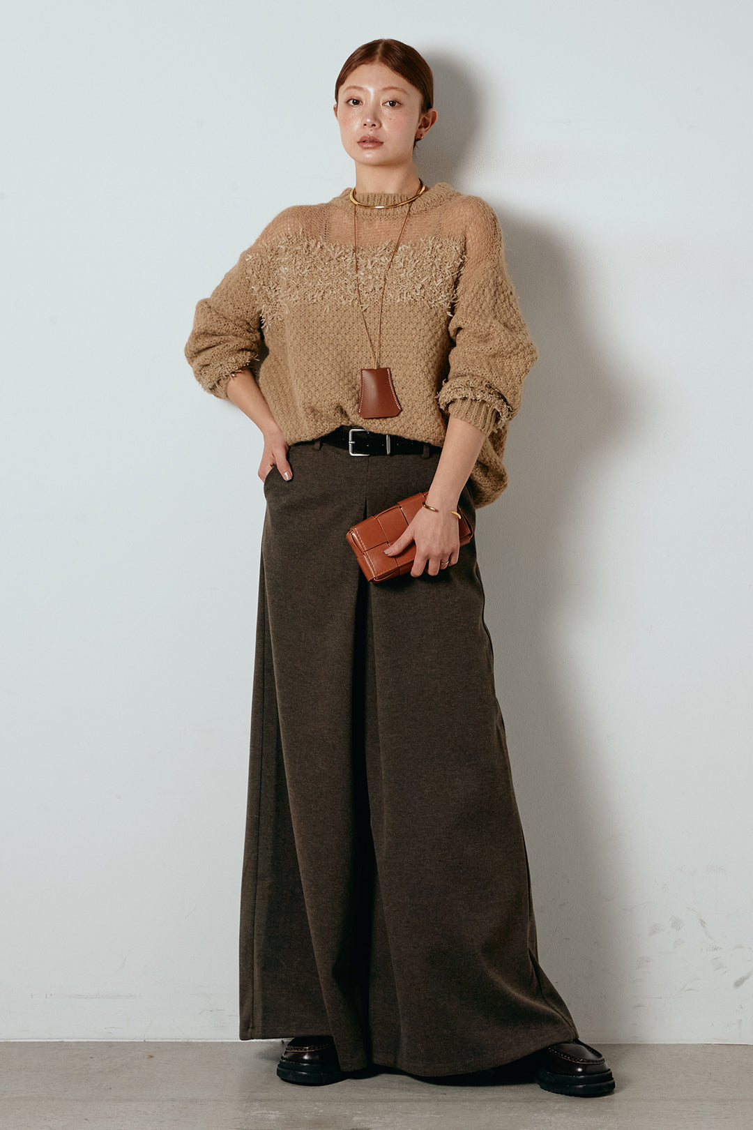 [SET]パターンランダム編みニットトップス+ベルト付きフロントタックデザインパンツ(2set)