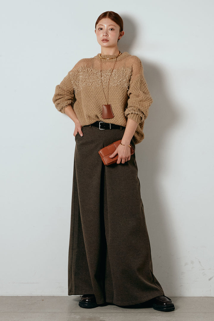 [SET]パターンランダム編みニットトップス+ベルト付きフロントタックデザインパンツ(2set)