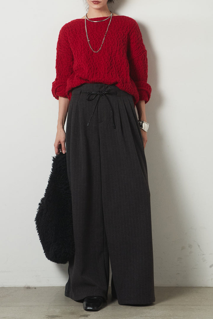 [SET]ボリューム編みニットプルオーバー+編みベルト付きピンストライプワイドパンツ(2set)