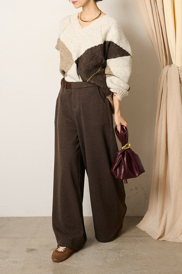 [SET]ルーズアーガイルVネックニット+サイドベルトパンツ(2set)