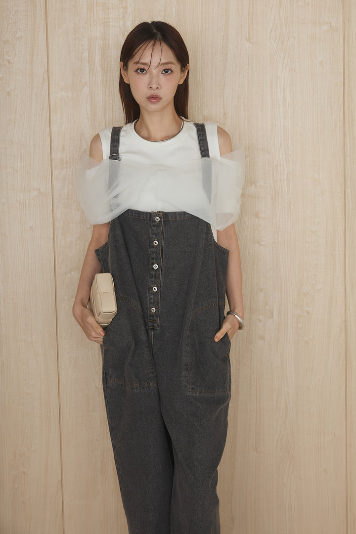 [SET]シアーレイヤーデザインカットソー+フロントボタンデニムサロペット(2set)