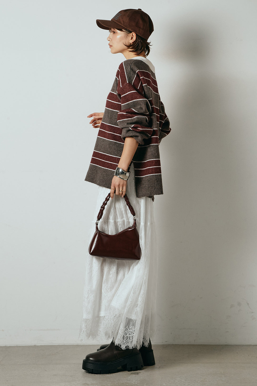 [SET]ラガーニットボーダーポロプルオーバー+ひげレース切替ロング丈スカート(2set)