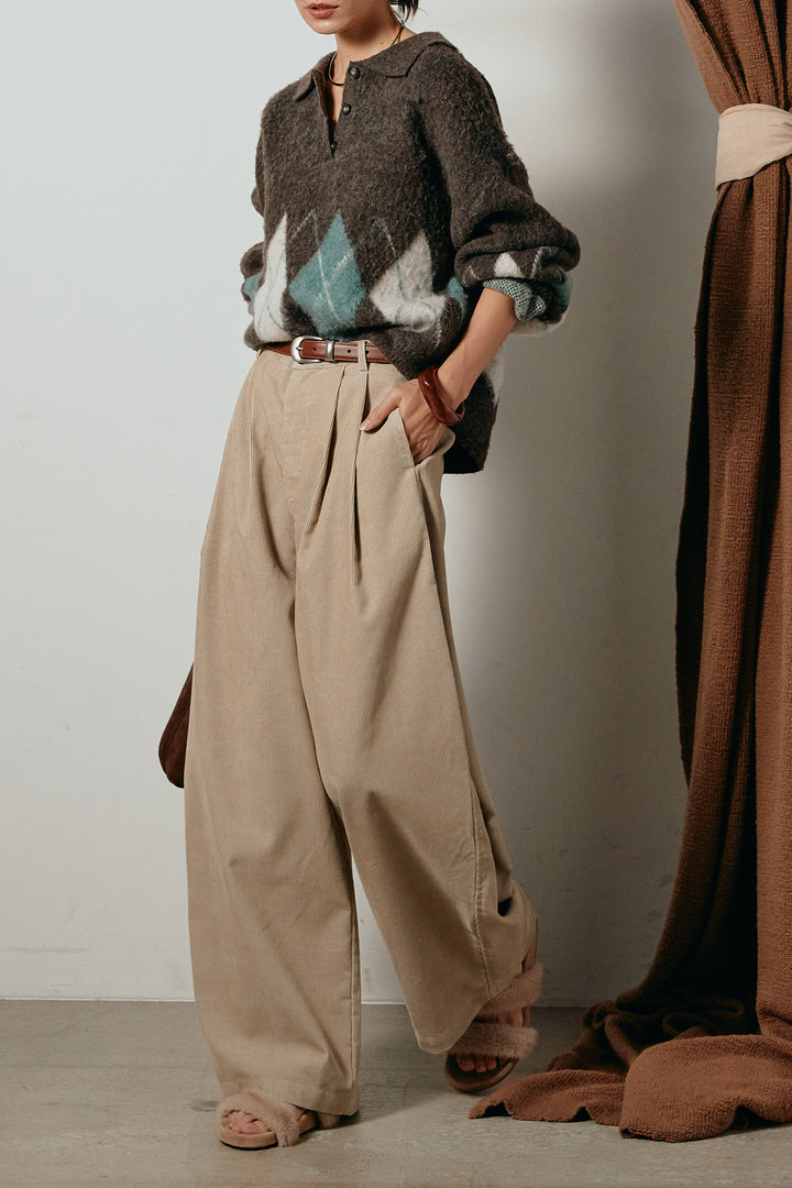 [SET]アーガイル柄ポロニットトップス+フロントタック入りコーデュロイパンツ(2set)