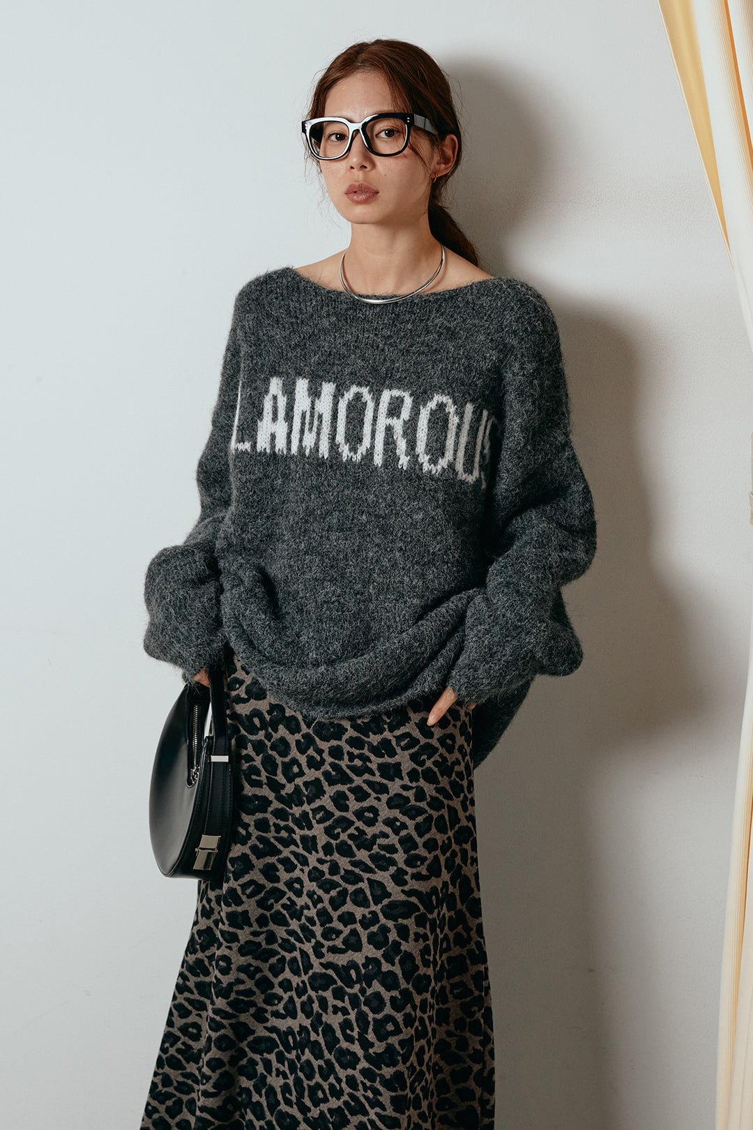 [SET]フロントロゴデザインニットトップス+レオパードロングスカート(2set)