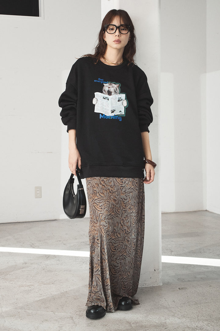 [SET]裏起毛モーニングキャットプリントスウェット+抽象柄ロングスカート(2set)