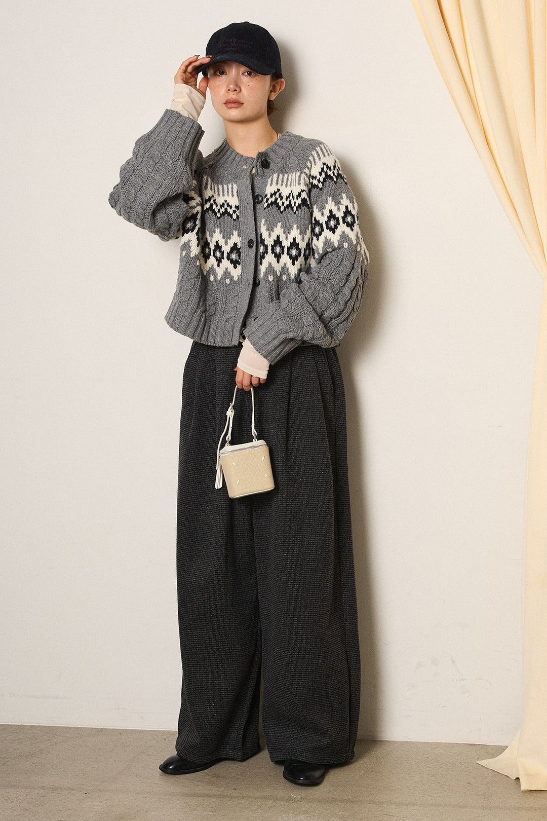 [SET]2WAY求心柄ジャガードショートカーディガン+起毛タック入りツイードワイドパンツ(2set)
