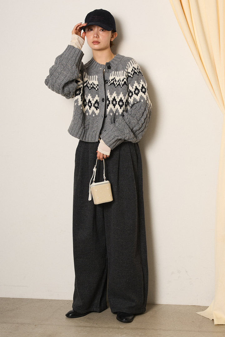 [SET]2WAY求心柄ジャガードショートカーディガン+起毛タック入りツイードワイドパンツ(2set)