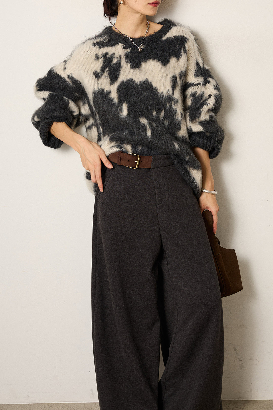 [SET]モヘアタッチマーブルニット+サイドベルトパンツ(2set)