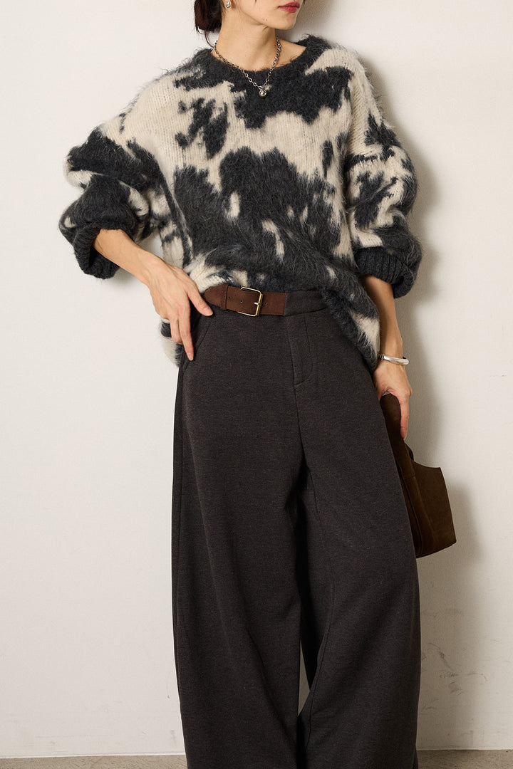 [SET]モヘアタッチマーブルニット+サイドベルトパンツ(2set)