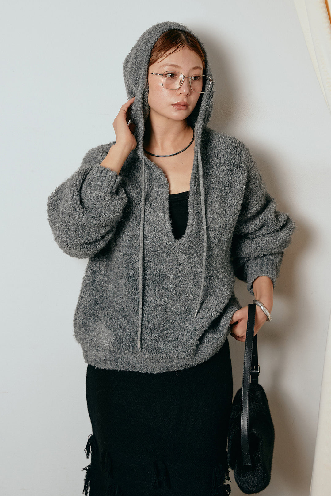 [SET]ブークレキーネックプルオーバー+ポイントフリンジニットナロースカート(2set)