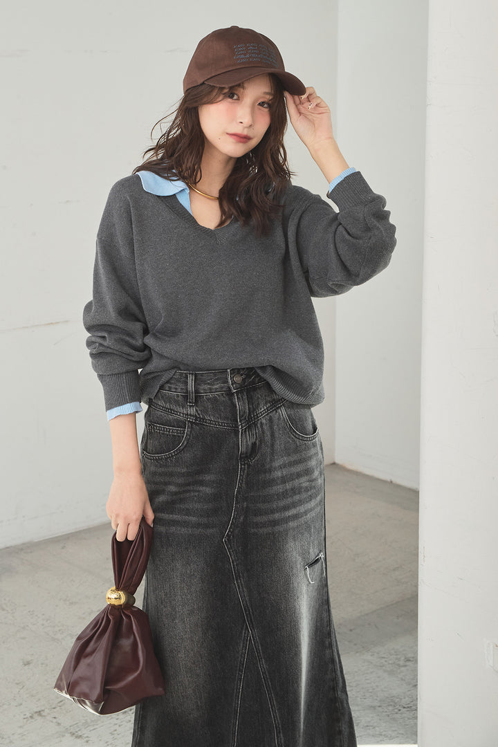 [SET]バイカラーニットレイヤード風プルオーバー+Aラインデニムスカート(2set)