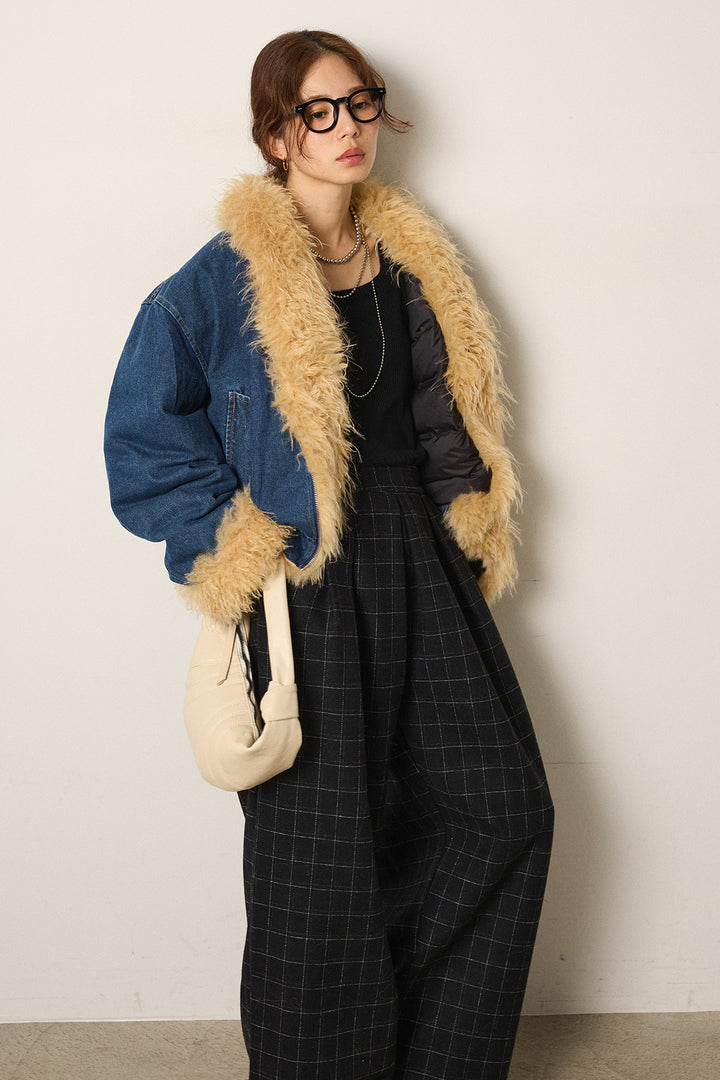 [SET]エコファーデニムボアジャケット+ウールライクチェックタックパンツ(2set)