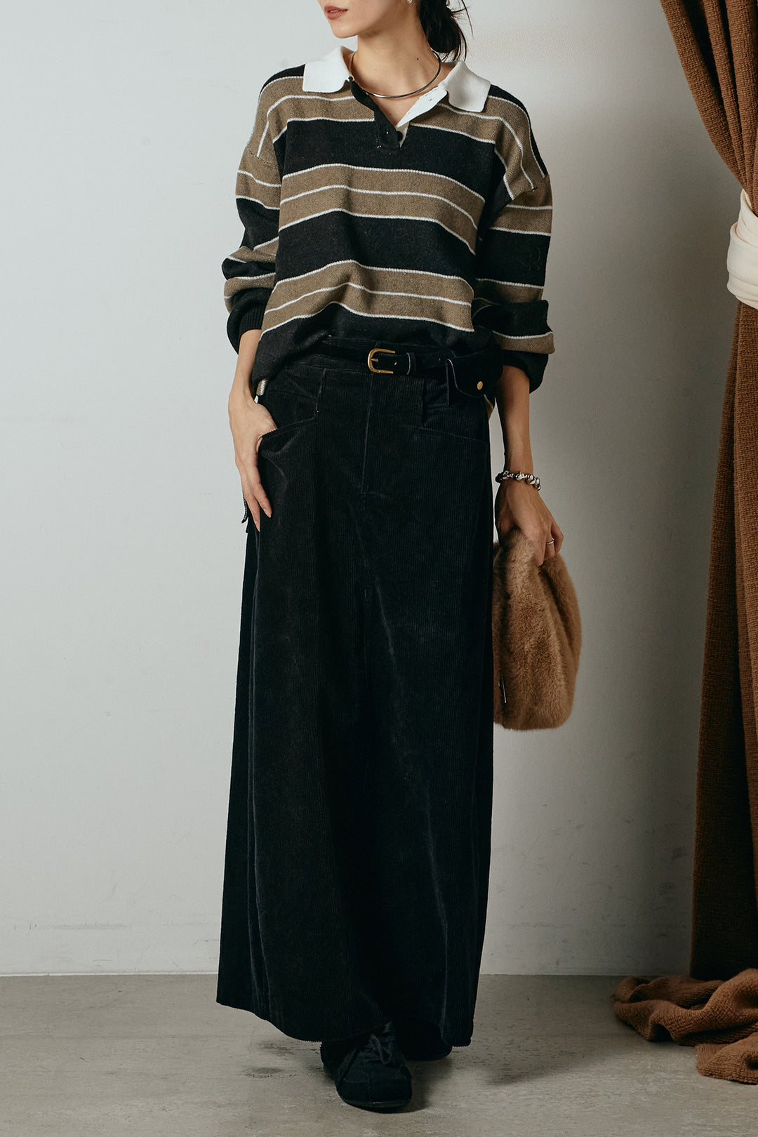 [SET]ラガーニットボーダーポロプルオーバー+ポーチベルト付きコーデュロイワイドスカート(2set)