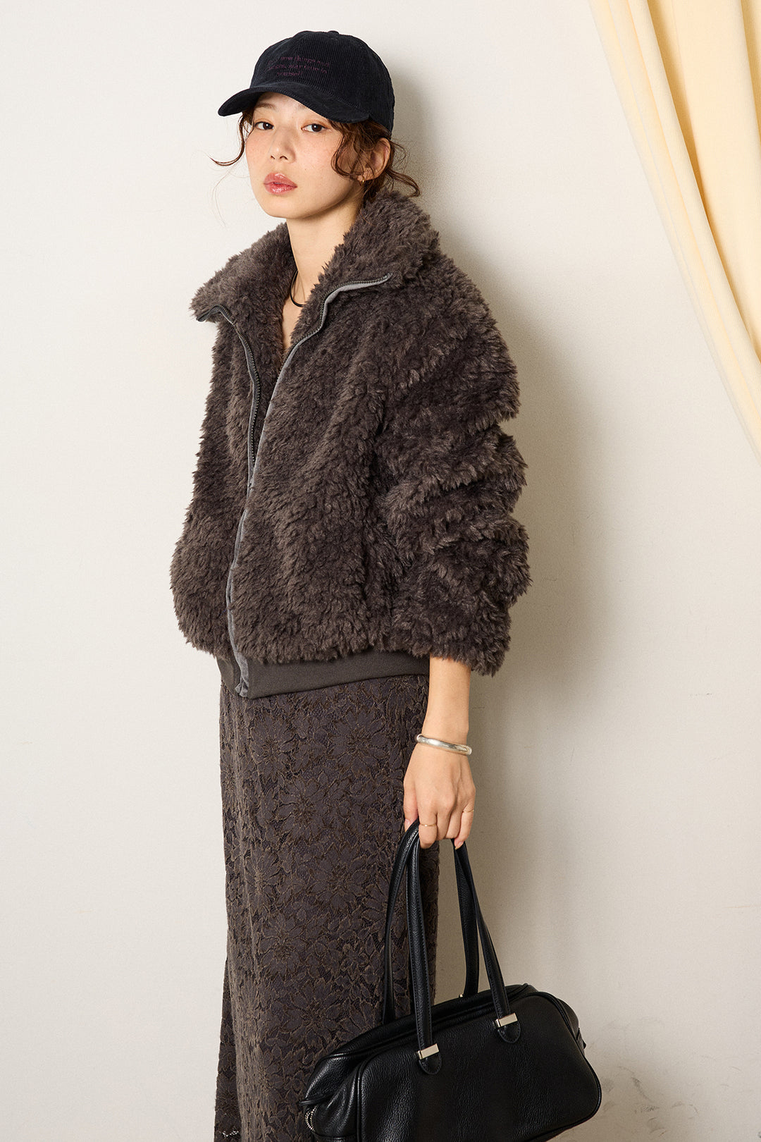 [SET]スタンドカラー裾リブボアブルゾン+花柄刺繍ベロアフレアスカート(2set)