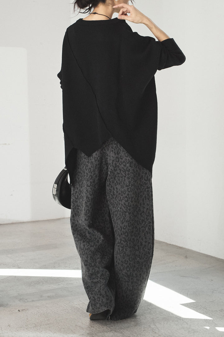 [SET]アシンメトリーデザインニットトップス+リラックスレオパード柄ワイドパンツ(2set)