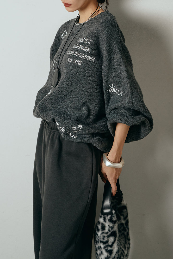 [SET]刺繍ロゴランダムデザインニットトップス+裏起毛スウェットワイドパンツ(2set)