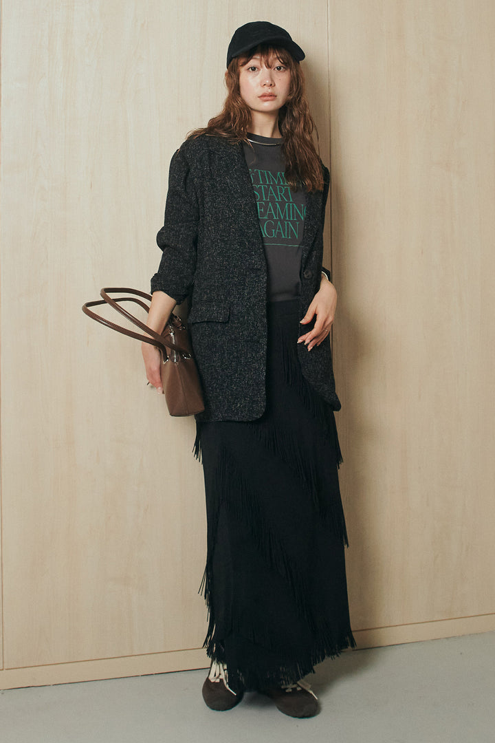[SET]ミックスツイードベルト付きジャケット+斜めフリンジデザインスカート(2set)