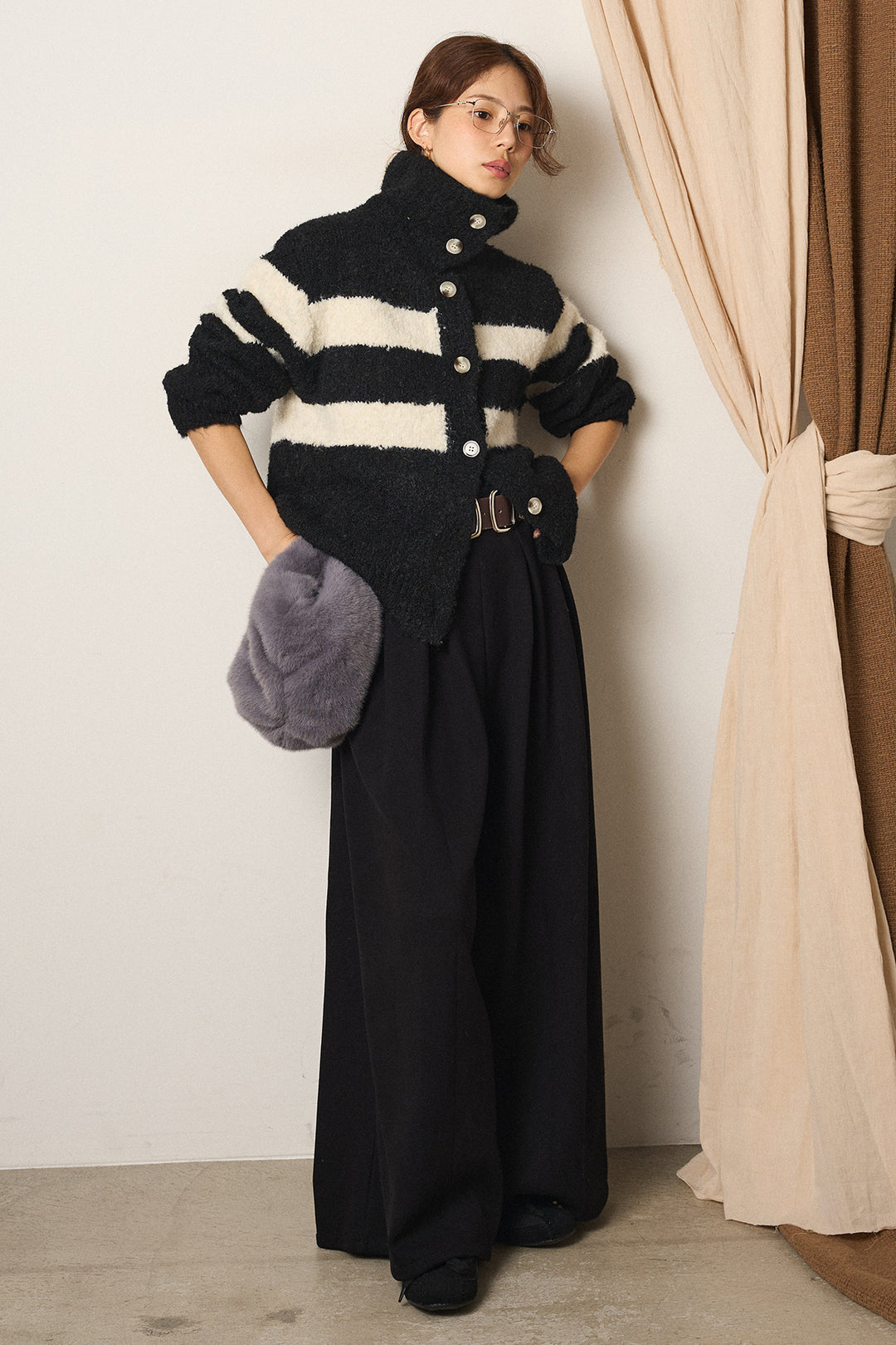 [SET]ハイネックボーダーニットカーディガン+フェイクレザー太ベルト付きタックワイドパンツ(2set)