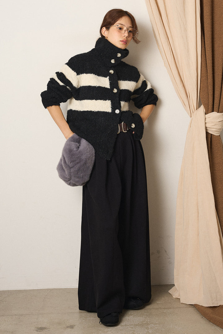 [SET]ハイネックボーダーニットカーディガン+フェイクレザー太ベルト付きタックワイドパンツ(2set)