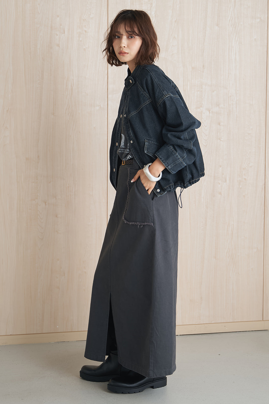 [SET]ヴィンテージライクスタンドカラーデニムブルゾン+カットオフポケットベイカースカート(2set)