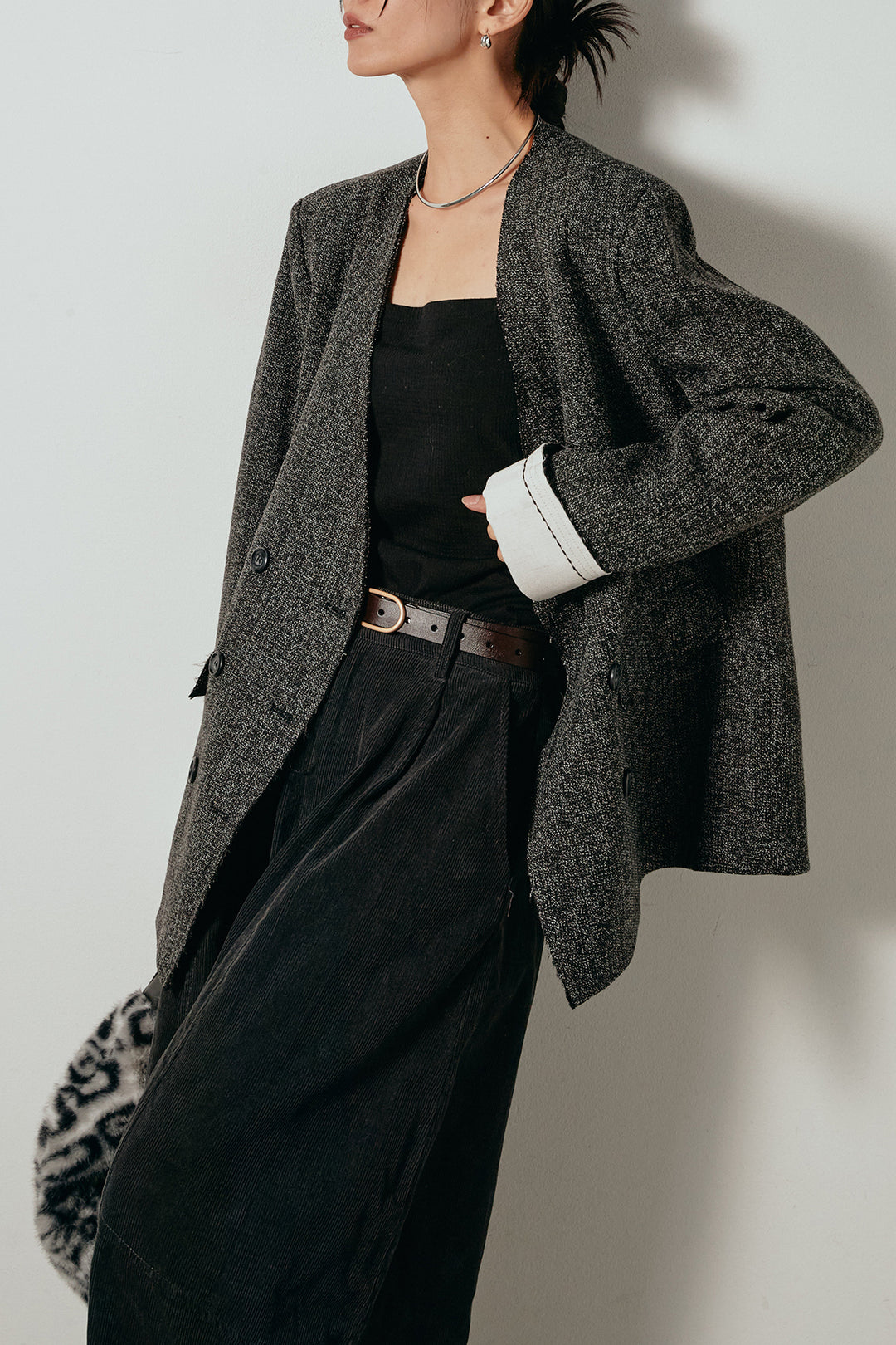 [SET]ノーカラーダブルボタンツイードジャケット+タック入りコーデュロイワイドパンツ(2set)