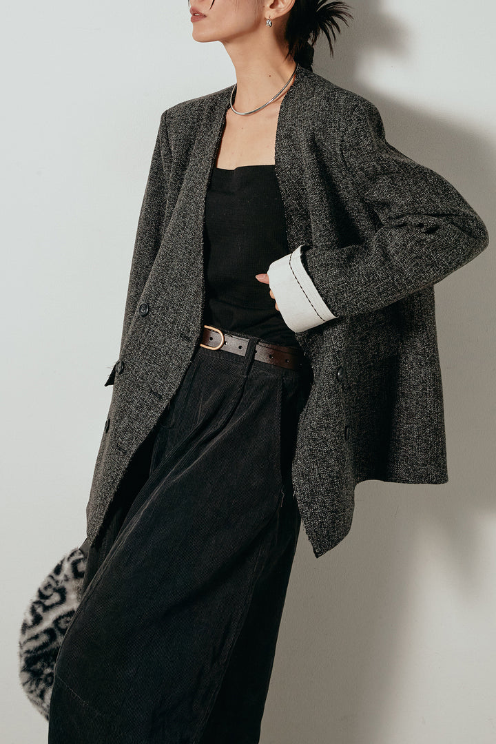 [SET]ノーカラーダブルボタンツイードジャケット+タック入りコーデュロイワイドパンツ(2set)