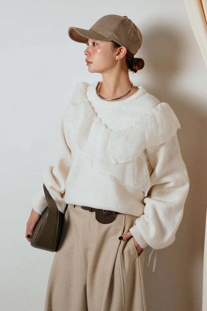 [SET]アシンメトリーフリルニットトップス+ポーチベルト付きカーブパンツ(2set)