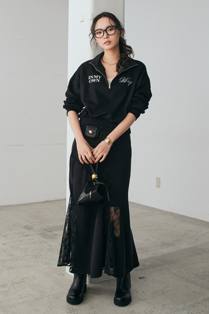 [SET]裏毛ロゴ刺繍ハーフZIPスウェット+刺繍レースデザインサテンスカート(2set)