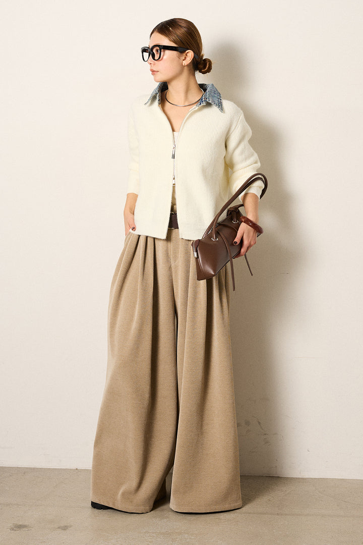 [SET]デニム襟ダブルジップニットトップス+ベルトループコーデュロイワイドパンツ(2set)