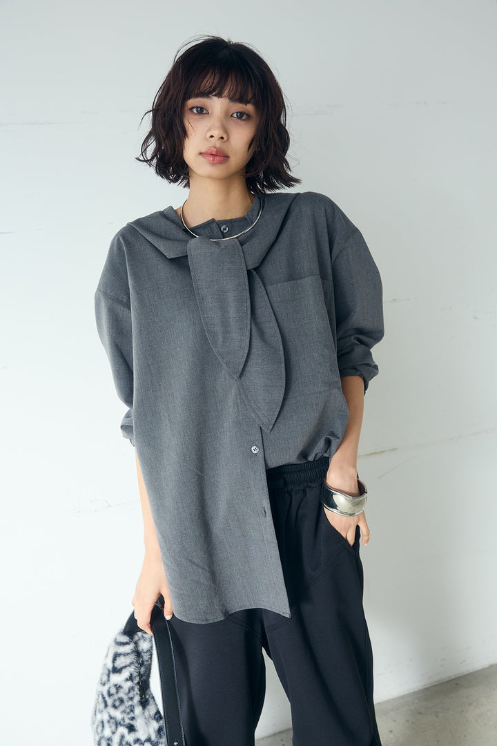 [SET]無地タイ付フーディーBIGシャツ+ランダムタックデザインワイドパンツ(2set)