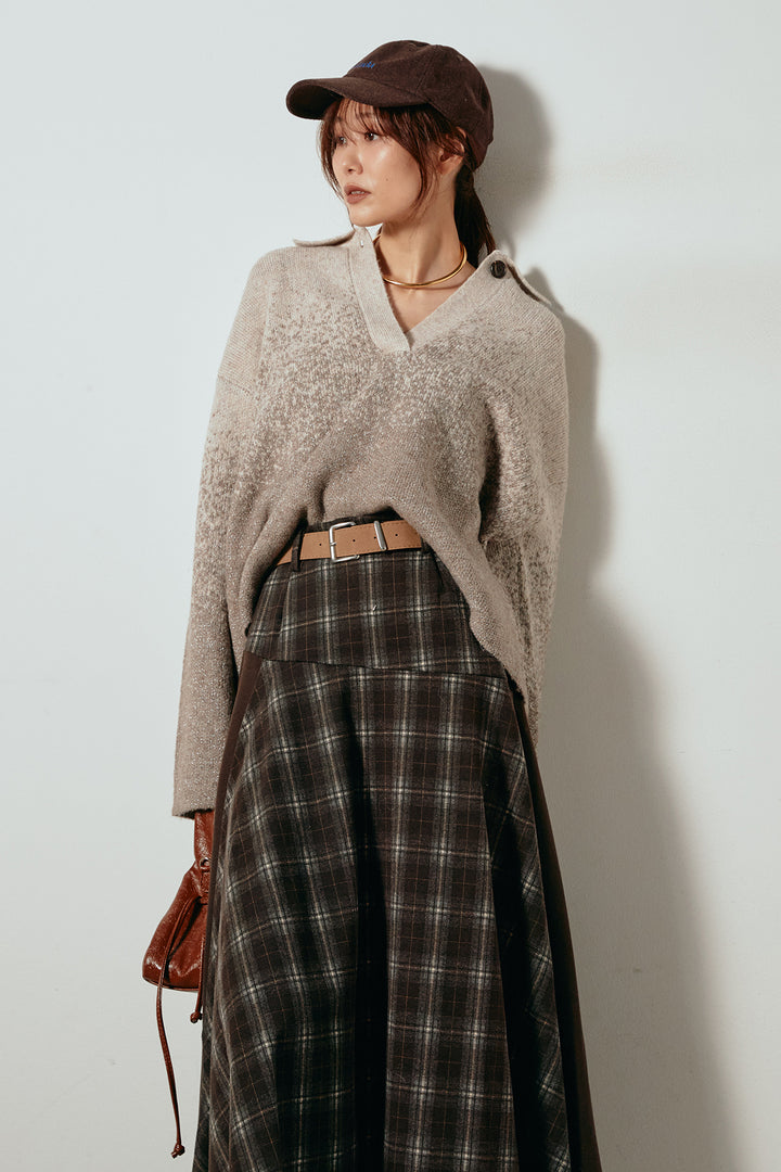 [SET]グラデーションラメニットキーネックプルオーバー+フェイクレザーベルト付き切り替えタータンチェックスカート(2set)
