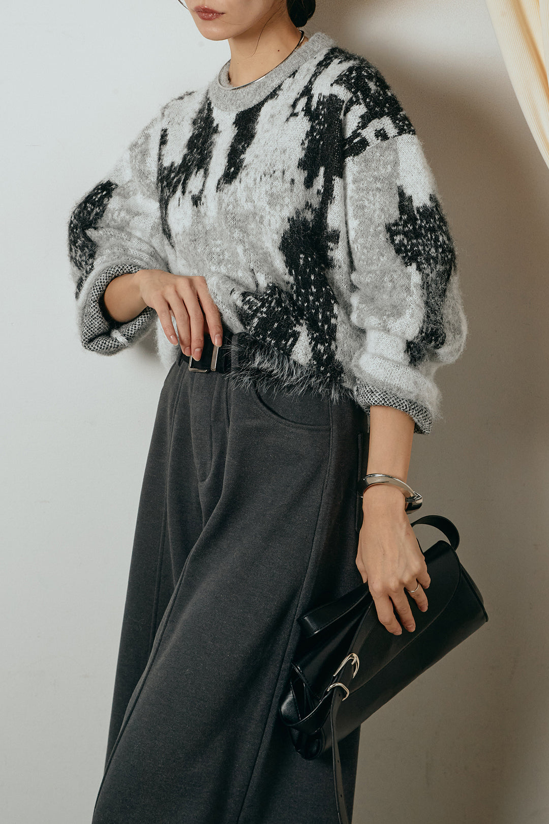 [SET]起毛ニュアンス柄ニットプルオーバー+ファーベルト付きワイドパンツ(2set)