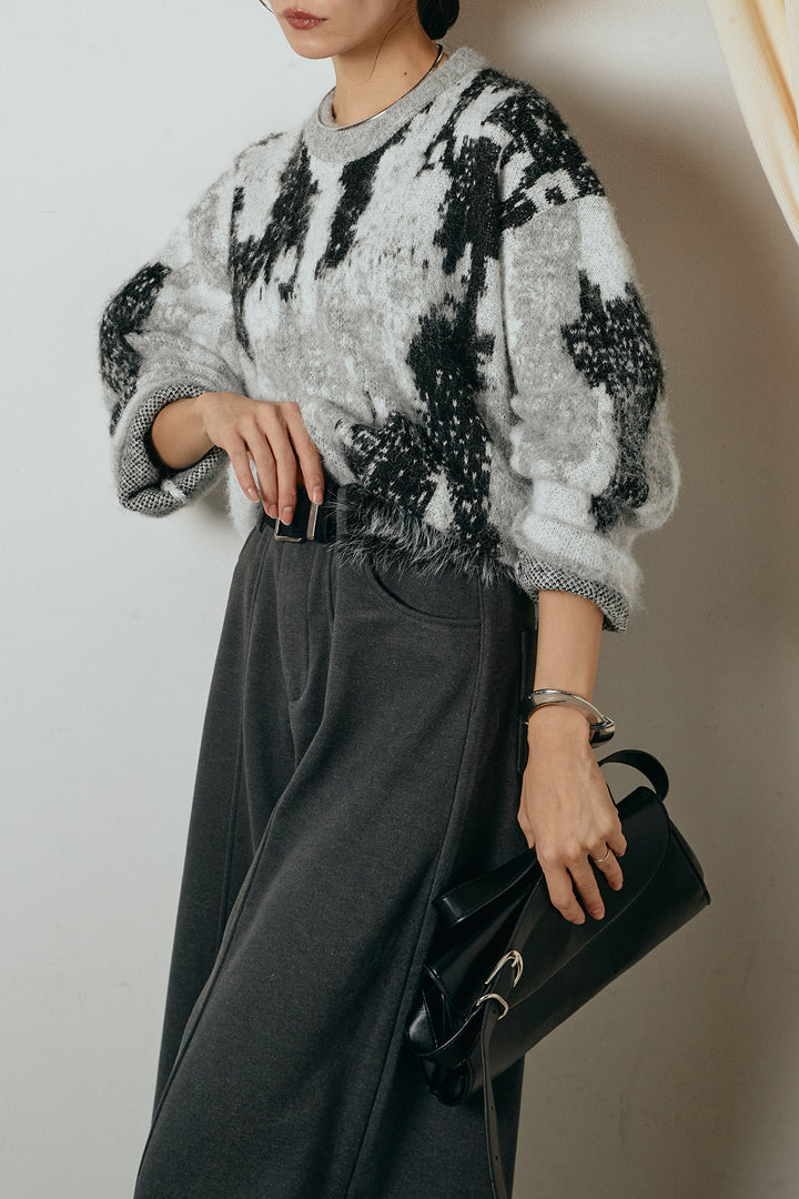 [SET]起毛ニュアンス柄ニットプルオーバー+ファーベルト付きワイドパンツ(2set)