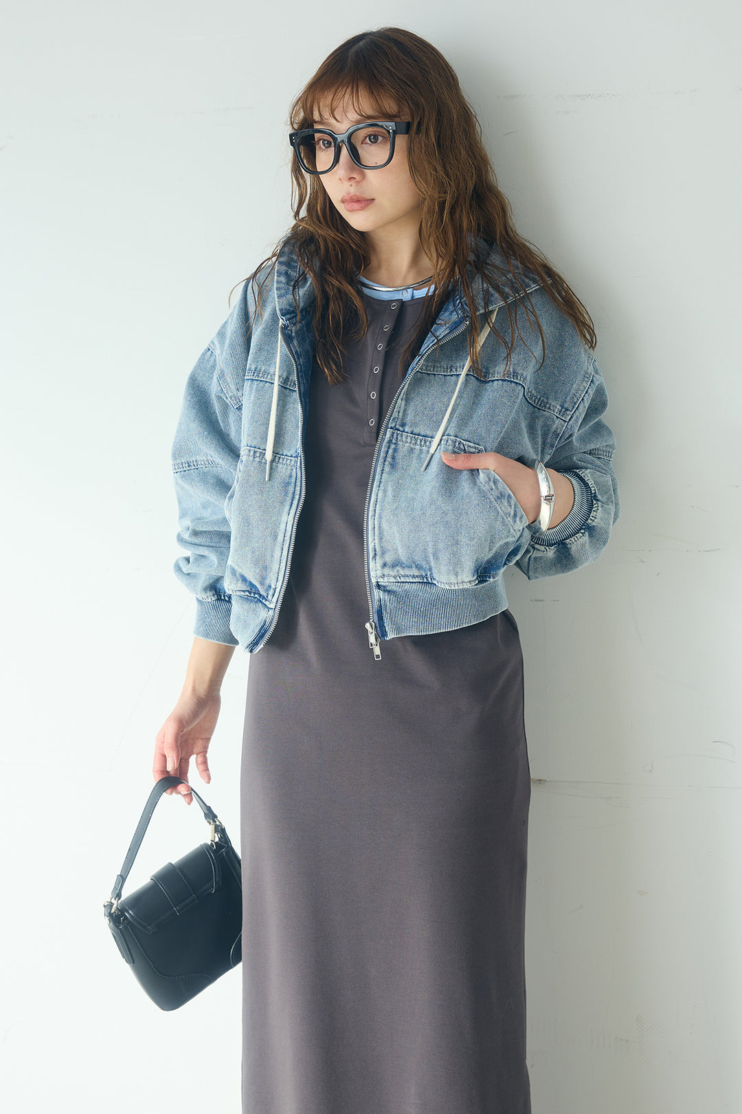 [SET]デニムダブルジップパーカーブルゾン+レイヤード見えヘンリーネックロングワンピース(2set)