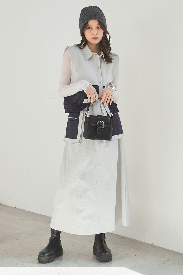 [SET]襟付きナイロンベスト+サイドデザインナイロンスカート(2set)