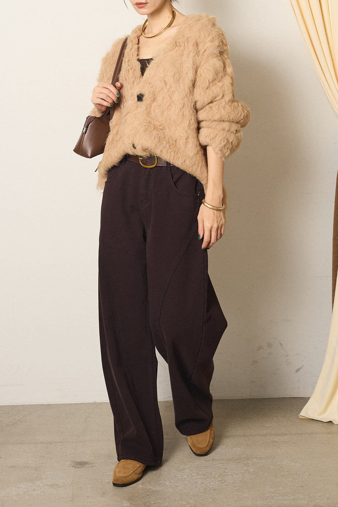 [SET]起毛シャギーニットカーディガン+ベルト付きカジュアルカーブワイドパンツ(2set)