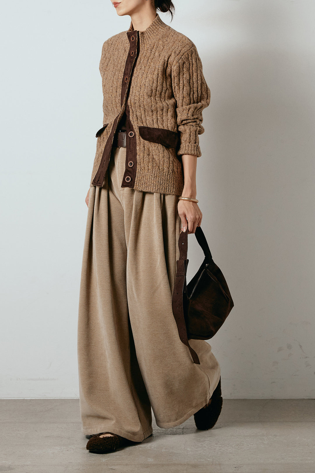 [SET]ボトルネックケーブルニットカーディガン+ベルトループコーデュロイワイドパンツ(2set)