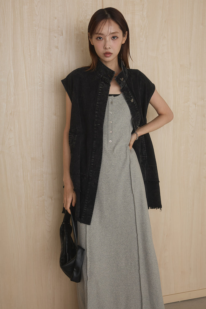 [SET]ケミカルデニムヘムカットオフジレ+ノースリロングワンピース(2set)