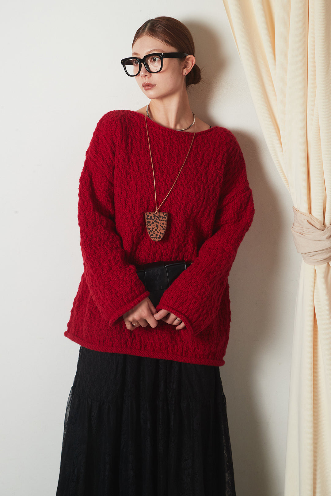 [SET]ボリューム編みニットプルオーバー+ひげレース切替ロング丈スカート(2set)