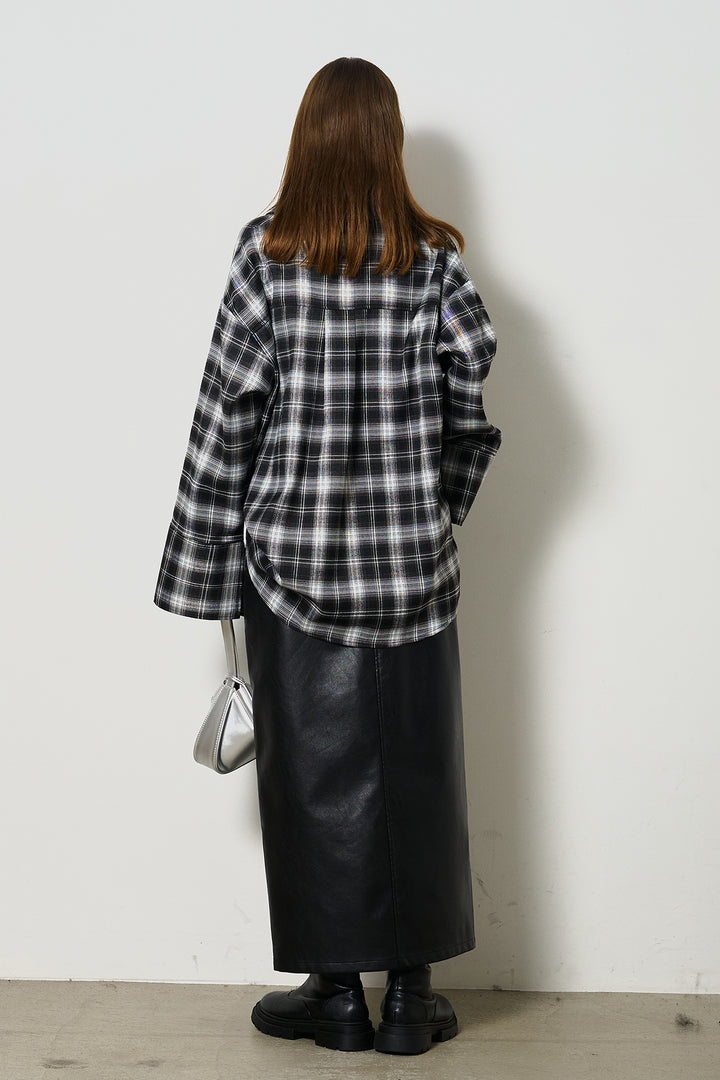 [SET]襟フェイクレザーネルチェックシャツ+フェイクレザーワイドスカート(2set)