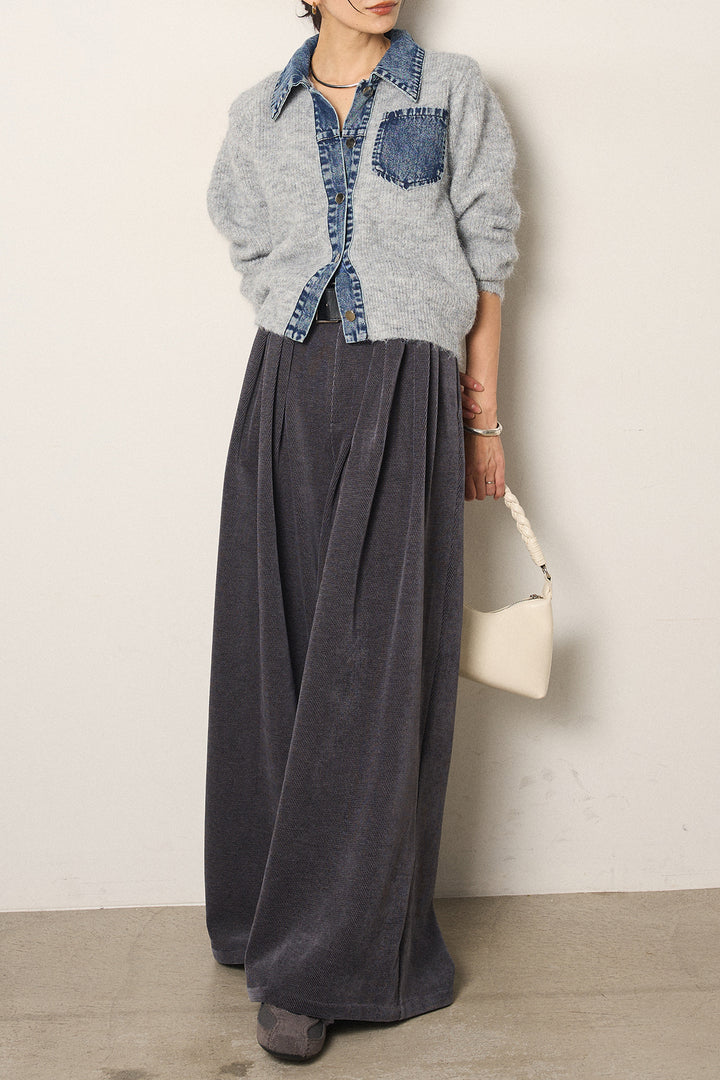 [SET]襟付きデニム切替ニットカーディガン+ベルトループコーデュロイワイドパンツ(2set)